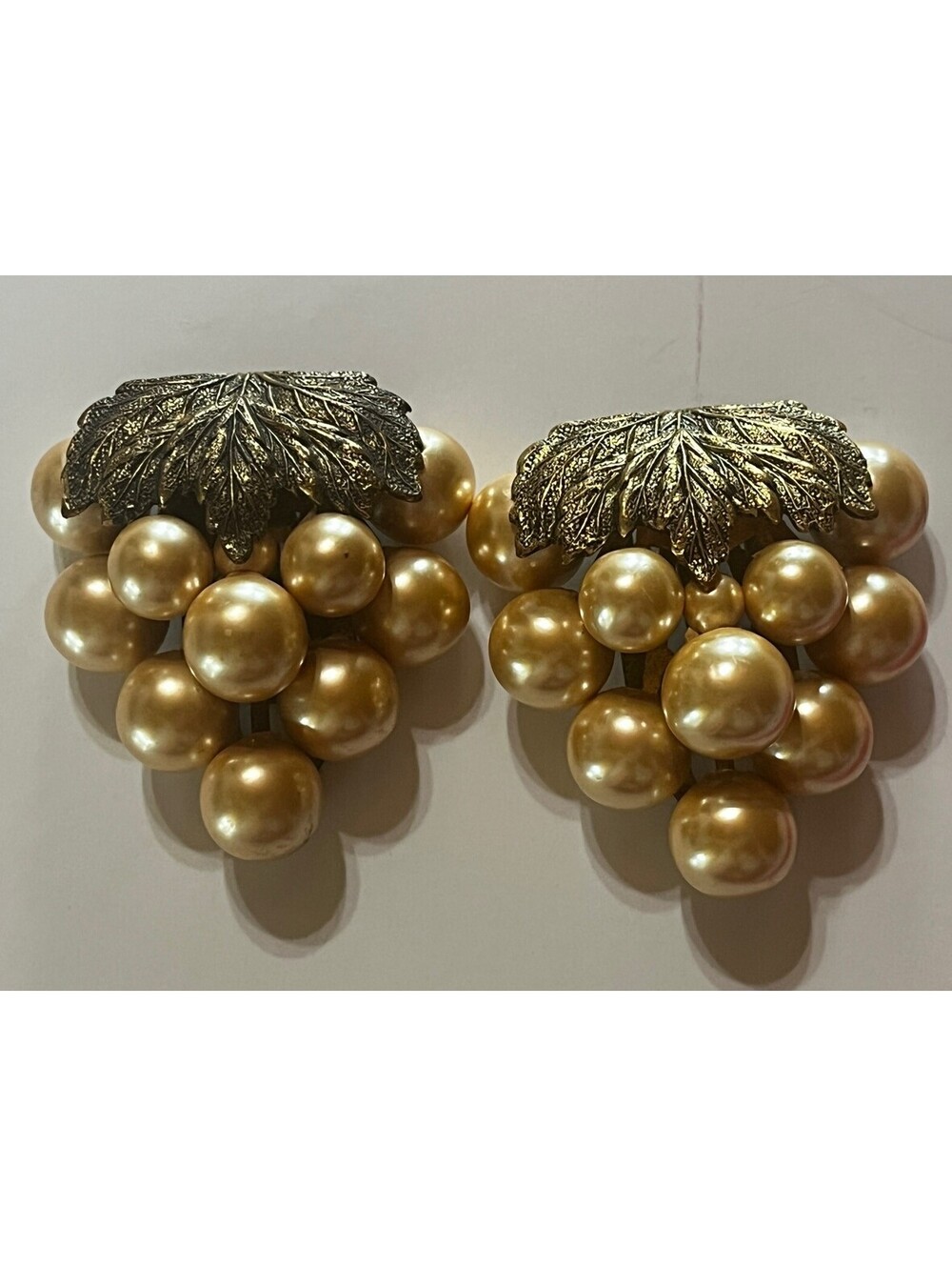 Vintage Faux Pearl Grape Cluster Dress Clips Pair Gold Tone Leaf Art Deco Style